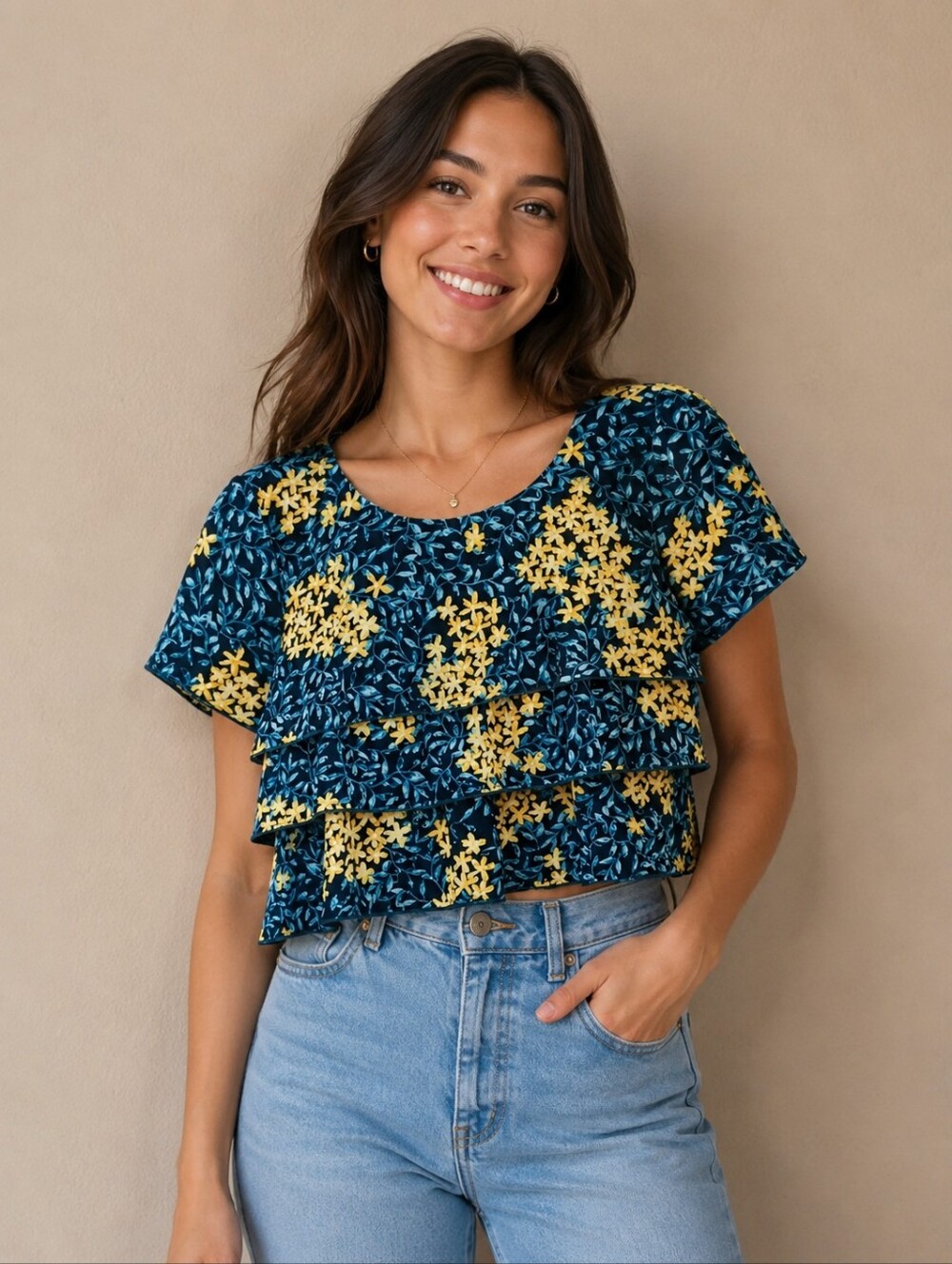 Zara Blue and Yellow Floral On Black Background Crop Top Size Large